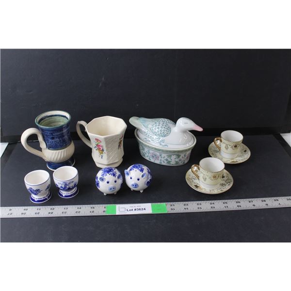 Ceramic Items- Mugs, Salt & Pepper Shakers, Duck Storage Tray, Misc.
