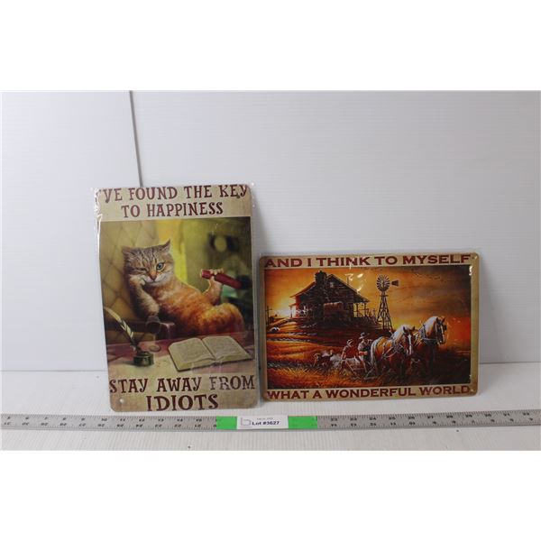 (2) Metal Signs- 11.75" x 8"- Wise Cat & Farm Scene