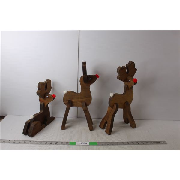 (3) Wooden Reindeer Statues Up to 14" Tall