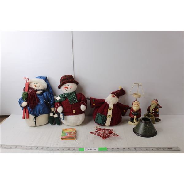 Christmas Lot- (2) Santa Candle Holders, (3) Fabric Snowman & Santa Figures, Mini Popup Book & Tree 