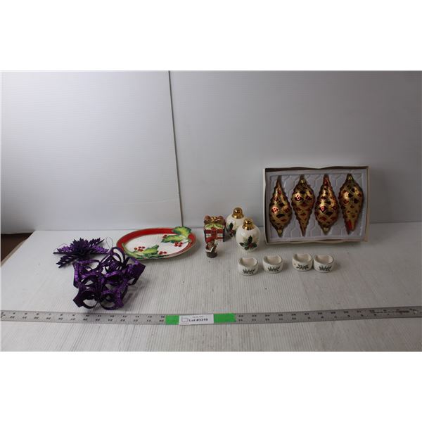 Christmas Lot- Tree Ornaments, (4) Napkin Rings, (3) Salt & Pepper Shakers, Decorative Plate