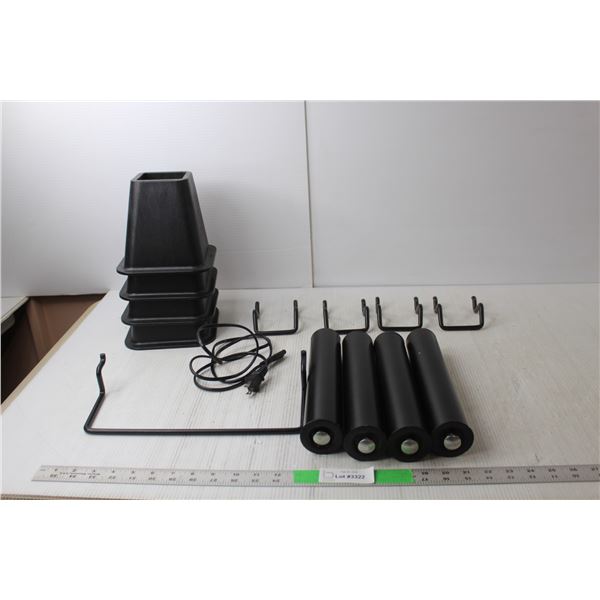 (4) Furniture Risers 6" Tall , (4) Furniture Legs, (5) Metal Hooks, 2 Prong Cord