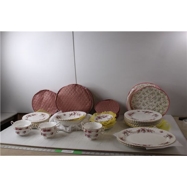 (33) Piece Lavender Rose Bone China Dish Set with Storage Cases