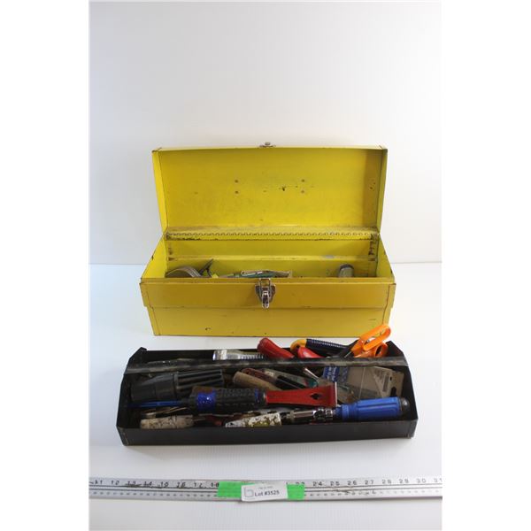 Metal Tool Box 19'' x 7 1/2'' x 7 1/2'' , Screwdrivers, Box Cutters, Chalkline, Wire Strippers and M