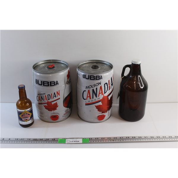 (2) Bubba/Mini Keg Molson Canadian Cans-Empty, Great Western Glass Beer Bottle and High Key Brewing