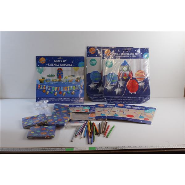 Banner Kit, Table Decoration Kits, Swirl Decorations, Napkins, Plastic Spoons and Colored Pencils