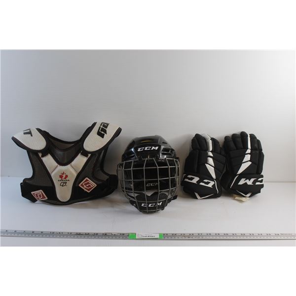 Kids CCM Hockey Shoulder Pads, Helmet and Gloves