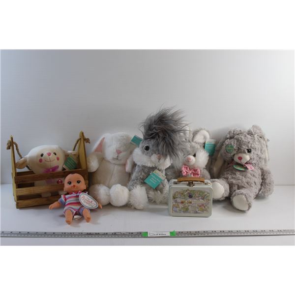Plush Bunnies, My Sweet Baby Doll, Small Tin Box and Wooden Tool Box Toy