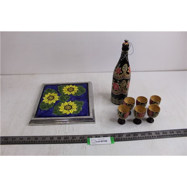 Metal Framed Ceramic Hot Plate, Wooden Beverage Bottle with 6 Wooden Goblets