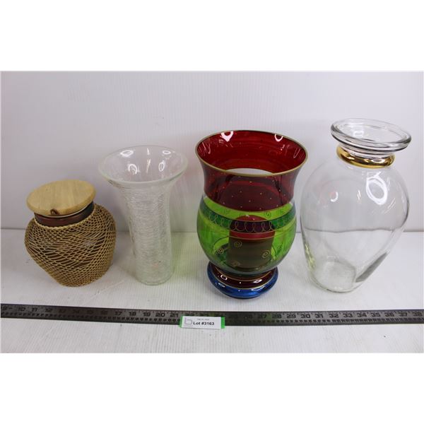 (4) Vases and Candle (3 Glass & 1 Hudson's Bay Ceramic)