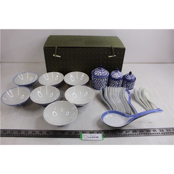 Picnic Box 15" x 8" x 7", (7) Japanese Ceramic Soup Bowls, (21) Ceramic Soup Spoons, (3) Ceramic Con