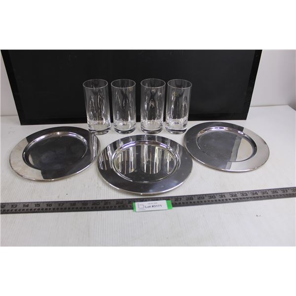 Set of 3 Brass Plates 10" Dia, Set of 4 Glass Vases 6" Tall