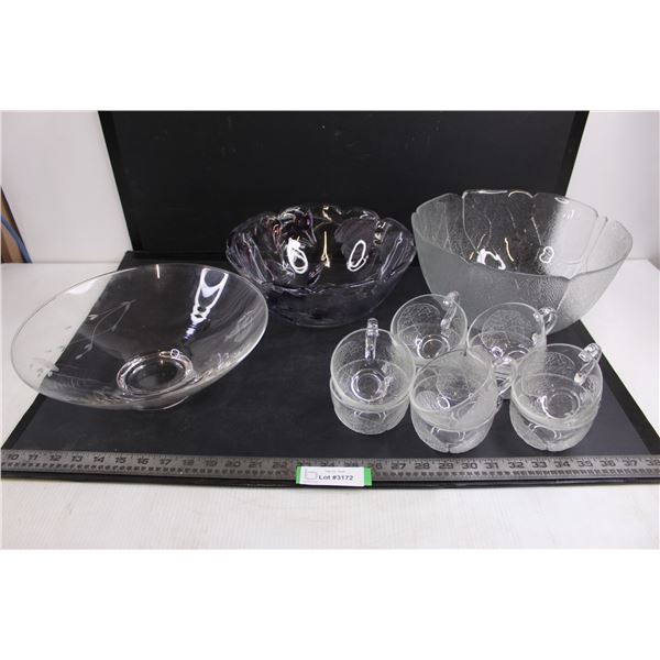 Glass "Leaf" Punch Bowl with 10 Glass Cups, (2) Glass Fruit Bowls