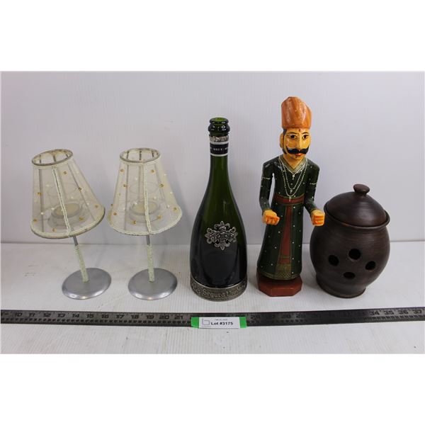 Pair of Candle Holders 10" Tall, Wooden East Indian Statue 13" Tall, Incense Jar 8" Tall with Lid, S