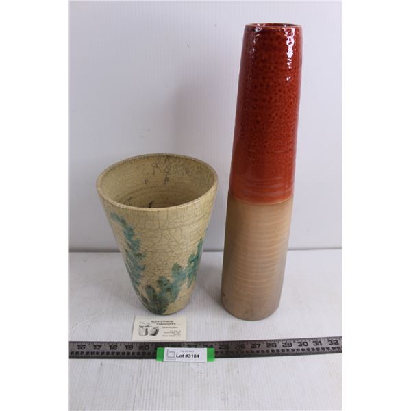 (2) Pottery Vases (Runnymede Clayworks 10" Tall x 7" Dia, Tall Vase 18" Tall x 4.5" Dia)