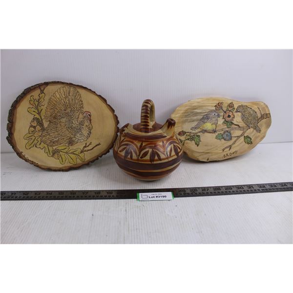 (2) Tree Slab Art by B.R. Querry 11" x 7" & 11" x 9", Mexican Ceramic Teapot