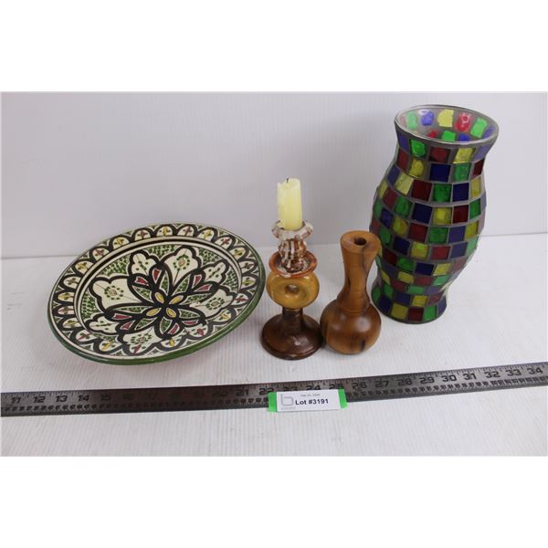 Ceramic Serving Platter 10" Dia, Stained Glass Chimney 9.5" Tall, (2) Wooden Candles