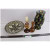 Image 1 : Ceramic Serving Platter 10" Dia, Stained Glass Chimney 9.5" Tall, (2) Wooden Candles