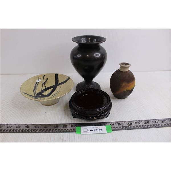 Ceramic Bowl, Metal Vase 7.5", Ceramic Vase 5" Tall, Wood Stand 5" Dia