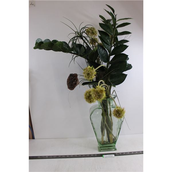Glass Vase 14" x 8" x 6" with Faux Plants Total Height 35"