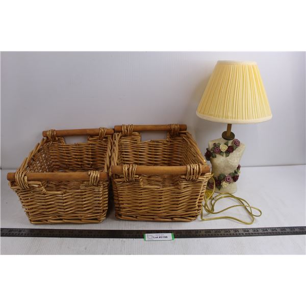 Table Lamp "Feminine Figure" 16" Tall - Working, Pair of Wicker Storage Baskets 12" x 10" x 6"