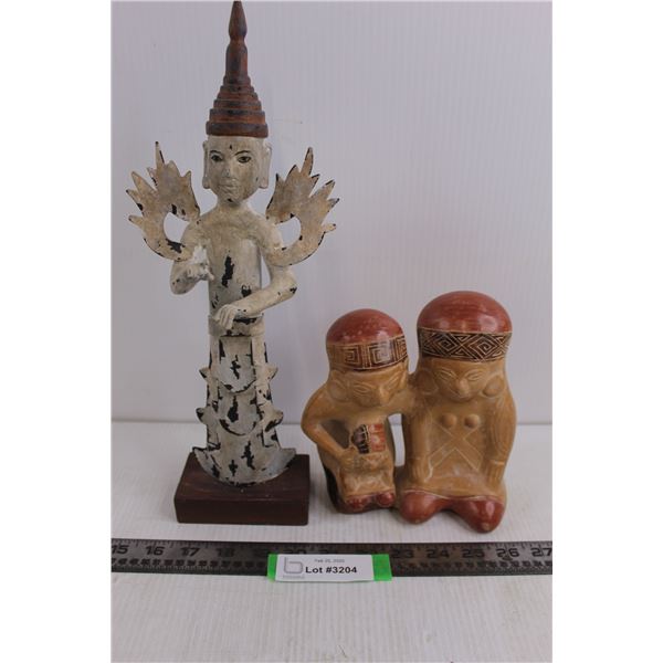 (2) Table Art Statuettes (East Asian Man 14" Tall & Soapstone African Family 6.75")