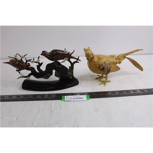 (2) Bird Themed Table Art Figures (Wood Strips Chicken 10" Long & 2 Birds in a Tree 11" Long)