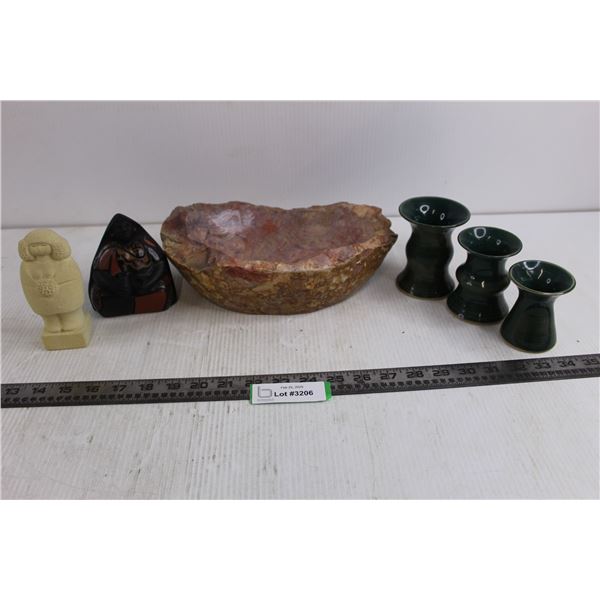 Stone Art (2 Statuettes & Alabaster Trinket Bowl), Set of 3 Ceramic Candle Holders