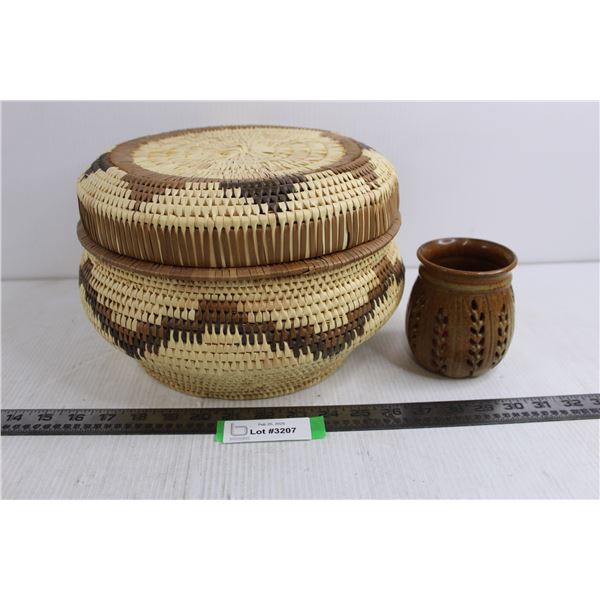 Wicker Storage Basket with Lid 11" Dia x 7.5" Tall, Ceramic Candle Holder