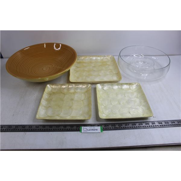 Moroccan Style Ceramic Serving Dish 14" Dia, Glass Center Dip Serving Dish 10.5" Dia, Set of 3 Filip