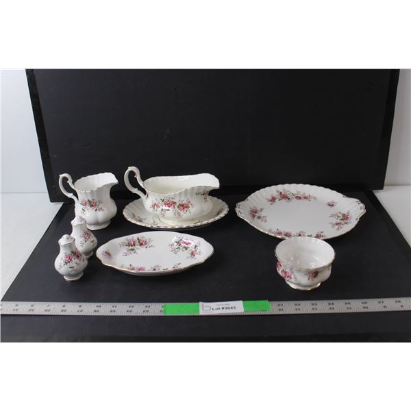 (8) Piece Lavender Rose Royal Albert Bone China Set- Creamers, Salt & Pepper Shakers, Cup, Plates