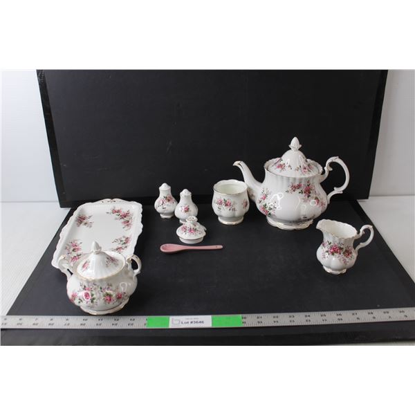 (7) Piece Lavender Rose Royal Albert Bone China Set- Tea Pot, Sugar Bowls, Salt & Pepper Shakers, Tr