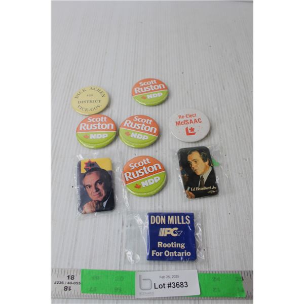 (9) Vintage Political Buttons- Ed Broadbent, Don Mills, Scott Ruston