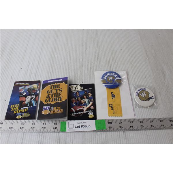 Winnipeg Blue Bombers Button, Grey Cup Ribbon 1984, Schedules 1986/93/94