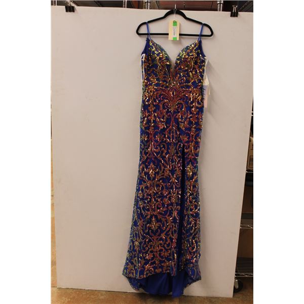 *Angela & Alison Blue Sequined Dress with Side Slit- Size 8