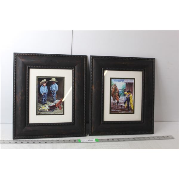 (2) Framed Young Cowboy Paintings 15" Tall x 13" Wide