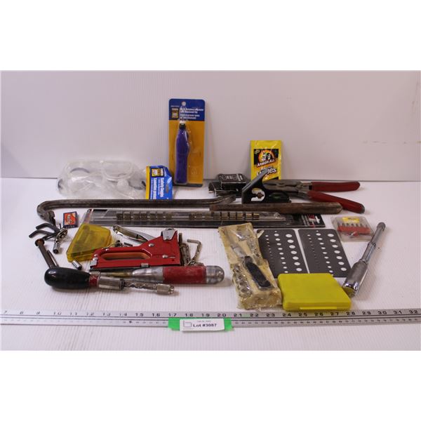 Tool Lot: 1/2" Socket Set Holder, Safety Goggles, Hand Drill Screwdrivers, Hex/Allen Keys, Misc
