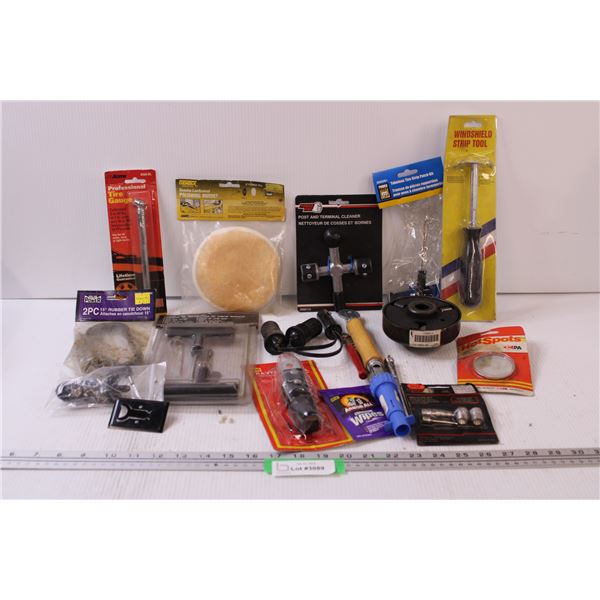 Tool Lot: Battery Terminal Cleaner, Tire Repair Kit, Tire Gauge, Windshield Strip Tool, Misc