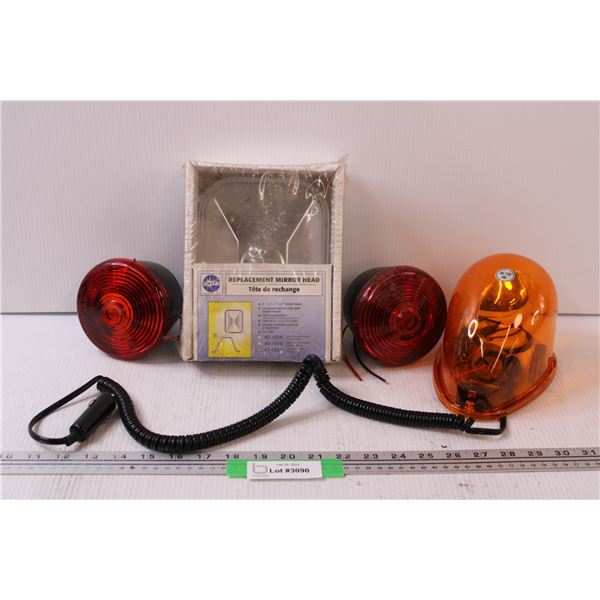 Safety Vehicle Beacon, (2) Red Safety Taillights, Replacement Mirror Head - NOS