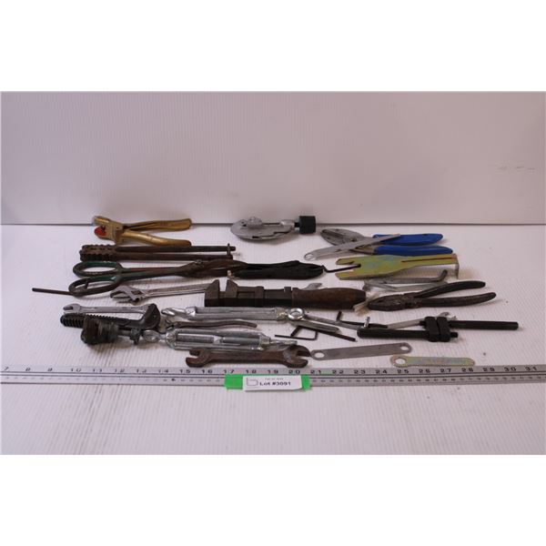 Tool Lot: Pliers, Wrenches, Metal Tin Snips, Line Tensioners, Misc