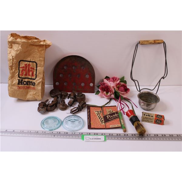 (2) Light Blue Glass Canning Jar Lids, Canning Jar Lifter, Vintage Shaving Brush, GE Eletronic Tube