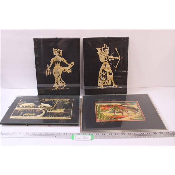 (4) Pictures: Wood Veneer Asian Pictures & Grass Mexican Art in Frame - 9" x 13"