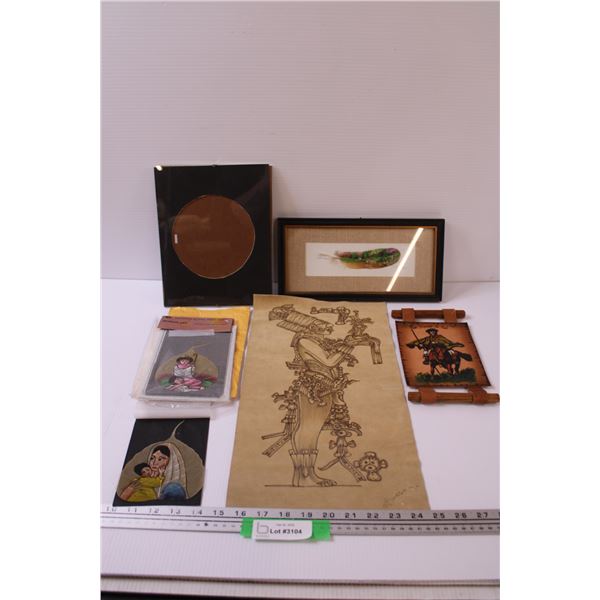 (2) Nepal Leaf Art, Costa Rica Feather Art in Frame, Rio Grande Do Sol Leather Art Banner, Frame - 8