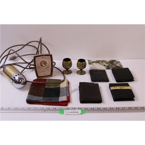 (2) Egg Cups, (5) Wallets (Mens & Womens), Kerchief, Massage Unit - As Is