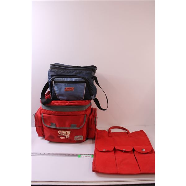 (2) Fabric Lunch Bags (Coleman & CJWW) - Some Wear & Red Shopping Bag w/ Pockets