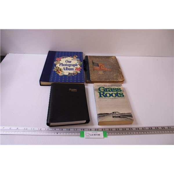 (4) Books: Photograph Album, 2022 Daily Planner, Grass Roots, Songs of the Nation (American Book)