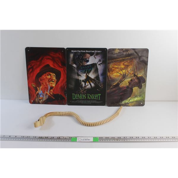 (3) Freddy Krueger Signs 12'' x 7'' and Wooden Snake