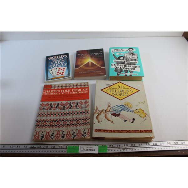 (5) Books - Children's World, Cross Stich Embroidery Designs and World's Best Card Tricks
