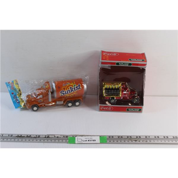Coca Cola Blown Glass Collection Ornament and Sunkist Truck Toy