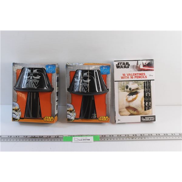 (2) Disney Star Wars 3 pc Stacking Meal Set and Star Wars 16 Valentines with 16 Pencils